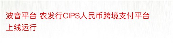 波音平台 农发行CIPS人民币跨境支付平台上线运行